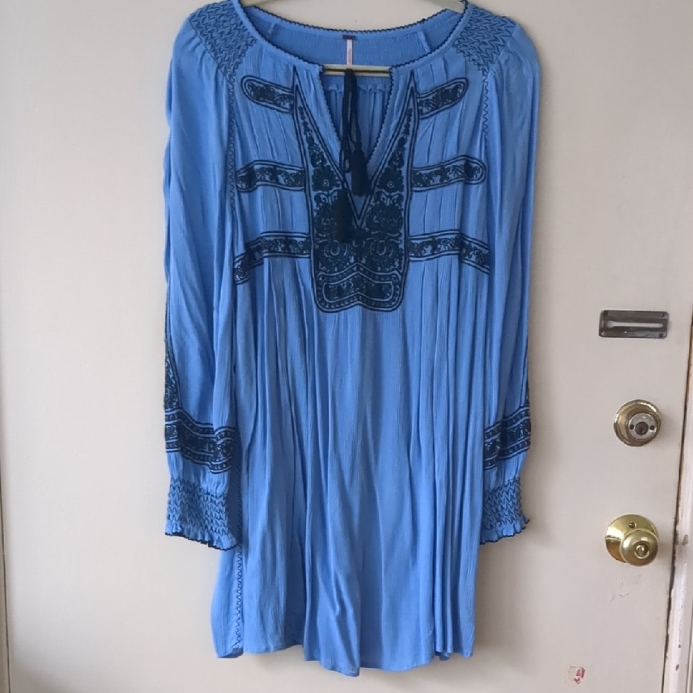 Free People Blue Embroidered Tunic/Mini Dress, Size S